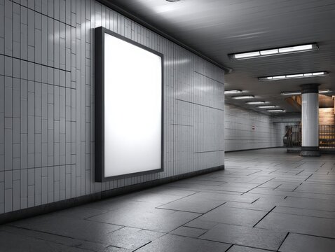 Subway station white poster frame on tiled wall, urban setting