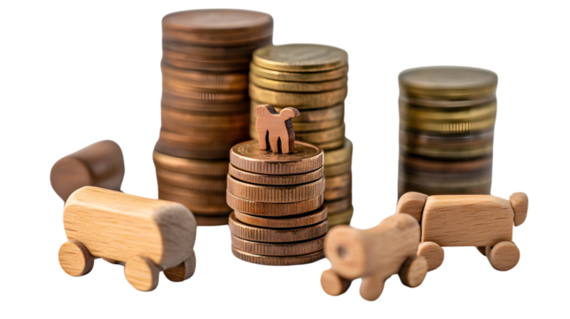 Finance concept with stack of coins, wooden toy, and figures on white background - Powered by Adobe