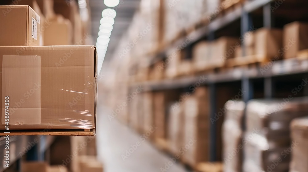 Aufkleber Close-up view of cardboard boxes on a wooden pallet inside a large warehouse, showcasing rows of stacked boxes in the background, suggesting efficient storage and logistics. : Generative AI