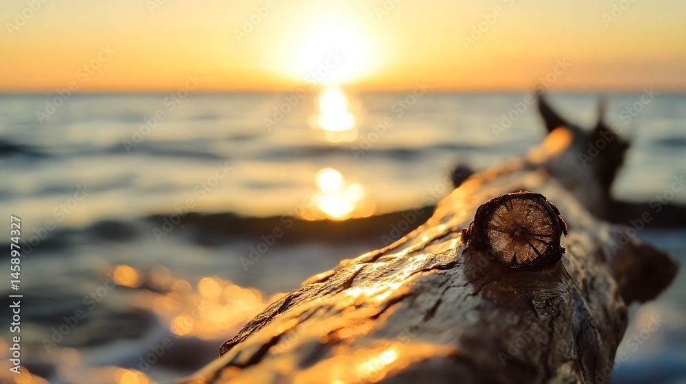 Poster golden sunset light illuminates a weathered driftwood log on a tranquil ocean beach, creating a sere