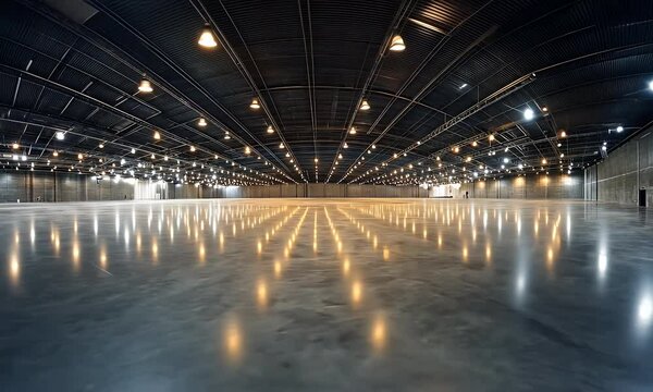 A large, empty warehouse with high ceilings and LED lights on the ceiling illuminating its vast expanse.