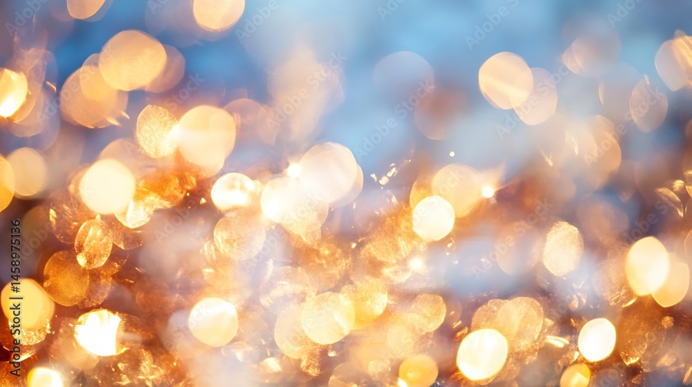 Poster Abstract bokeh background with golden and blue lights, perfect for festive designs or celebratory themes.  Ideal for adding a touch of magic and sparkle to your projects. : Generative AI