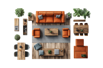 Modern interior layout with orange sofas, wood dining table, green plants, and cozy decor accents, isolated on a transparent background