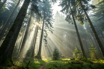Fototapeta premium Enchanting Forest Sunlight Beaming Through Trees on a Beautiful Day