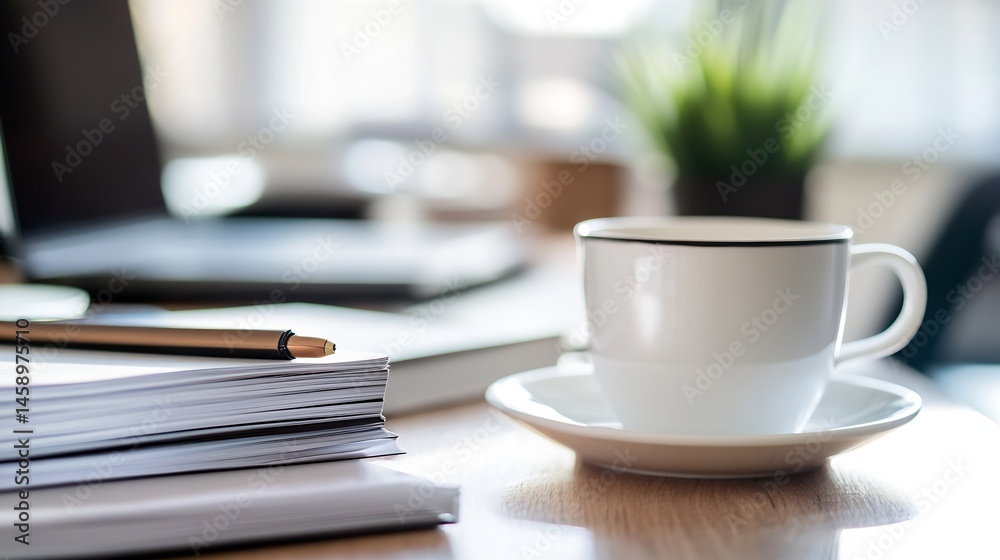 Aufkleber Close-up of a white coffee cup and saucer on a wooden desk, next to a stack of papers and a pen; suggesting a workspace or office environment. : Generative AI