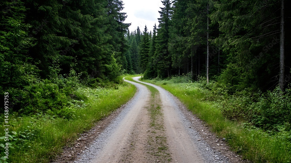 Poster a winding gravel road disappears into a dense, green coniferous forest on a slightly overcast day, o