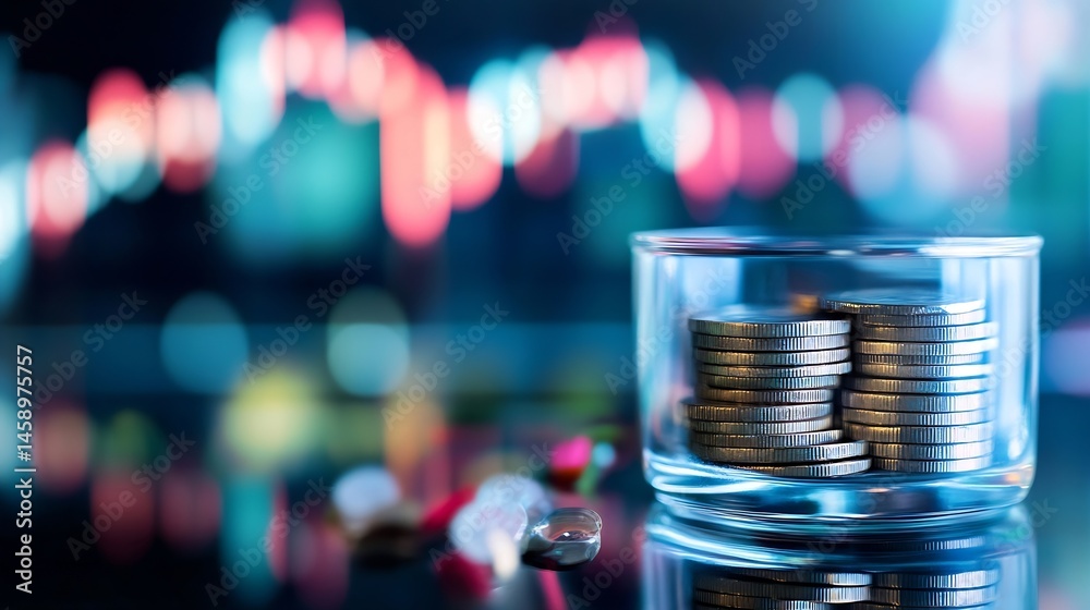 Aufkleber a glass jar filled with silver coins sits on a reflective surface against a blurred backdrop of colo