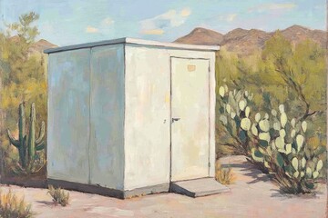 Light-toned shed in desert landscape