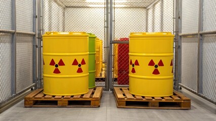 Barrels with radioactive symbol in a secure storage facility on pallets