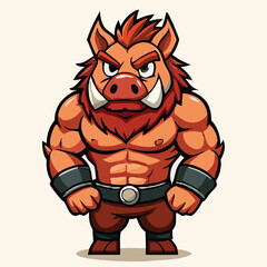 Cartoon boar with muscular build stares intensely forward with imposing stature on a light background