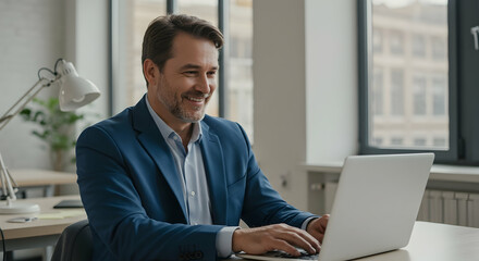 Happy businessman working on laptop in modern office enjoying success online business communication technology