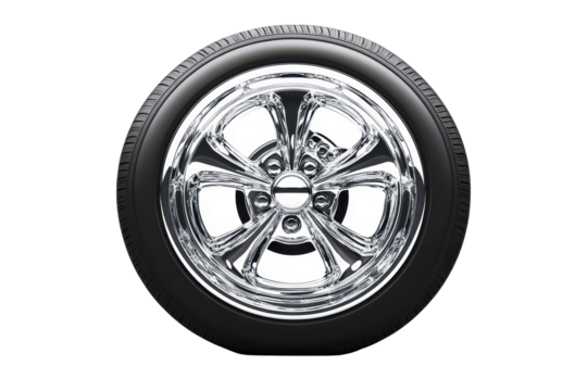 A realistic chrome automobile wheel adds sleek style and precision detail to automotive themed visual content