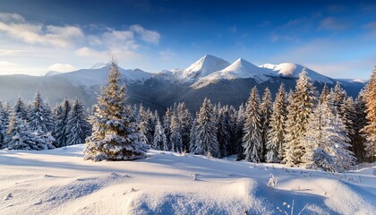 Obraz premium amazing winter scenery composite winter landscape in mountains beautiful creative image landscape with frosty pine trees on highland and majestic snowcovered mountain peak on background