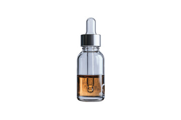 Naklejka premium Transparent bottle with shiny silver dropper cap, half-filled with amber serum, isolated on a transparent background