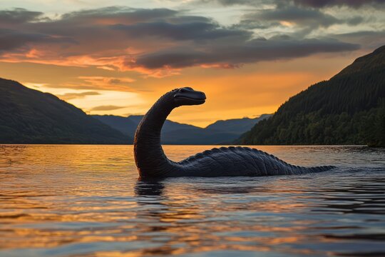 Nessie the Loch Ness Monster silhouette in sunset lake