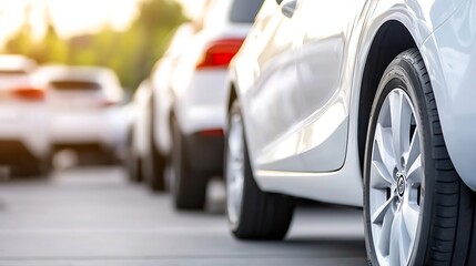 Close-up view of a row of white cars parked outdoors, sunlight illuminating the scene, showcasing the details of a car's wheel and tire. : Generative AI