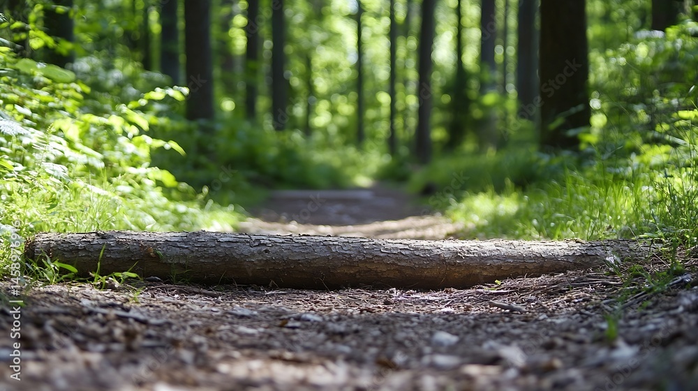 Poster A fallen tree trunk rests on a forest path, sunlight dappling through the green canopy overhead, creating a serene and peaceful woodland scene. : Generative AI