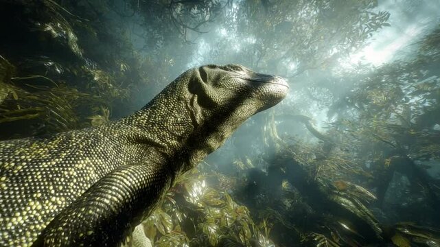A close-up view of a large lizard swimming through a lush underwater forest, sunlight filtering