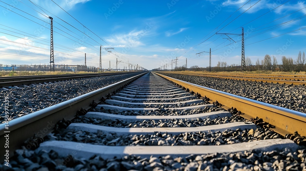 Poster a perspective view of railway tracks extending towards a clear blue sky, showcasing the railway infr