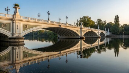 Naklejka premium Serene bridge reflection on lake water at dawn in a picturesque landscape
