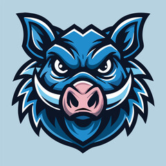 Fototapeta premium Fierce blue hog head shows a determined stare with sharp white tusks forward