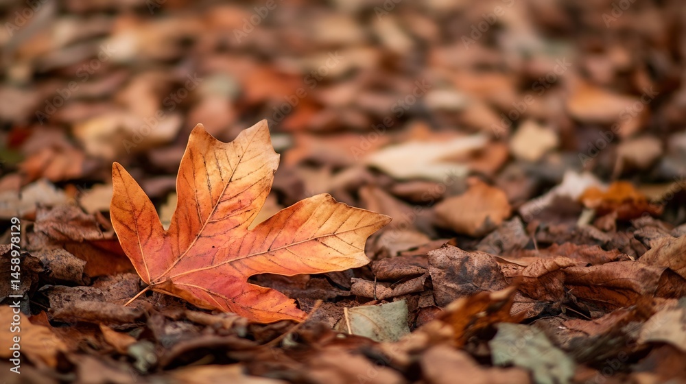Poster single orange maple leaf resting on a bed of fallen autumn leaves, showcasing the rich, warm tones o