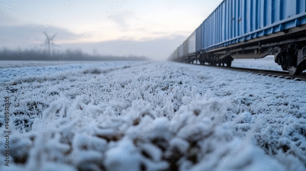 Poster frosty winter landscape with a freight train passing by, showcasing a serene snowy field and distant