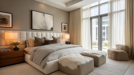 Fototapeta premium Bright Contemporary Bedroom With Cream Tones And Natural Light