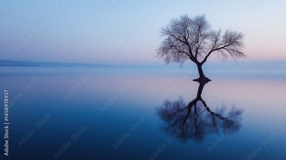 Poster solitary bare tree stands in calm, misty lake at dawn, its reflection mirrored perfectly in the stil
