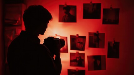 Photographer taking pictures in darkroom with red light and photos on the wall