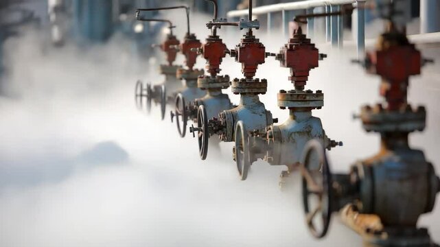 Industrial Steam Valves Row Energy Plant Pipes Manufacturing