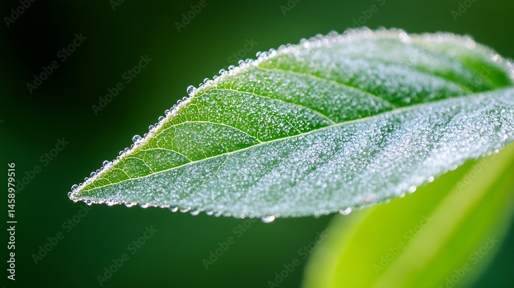 Poster close-up of a vibrant green leaf glistening with morning dew, showcasing intricate details and natur