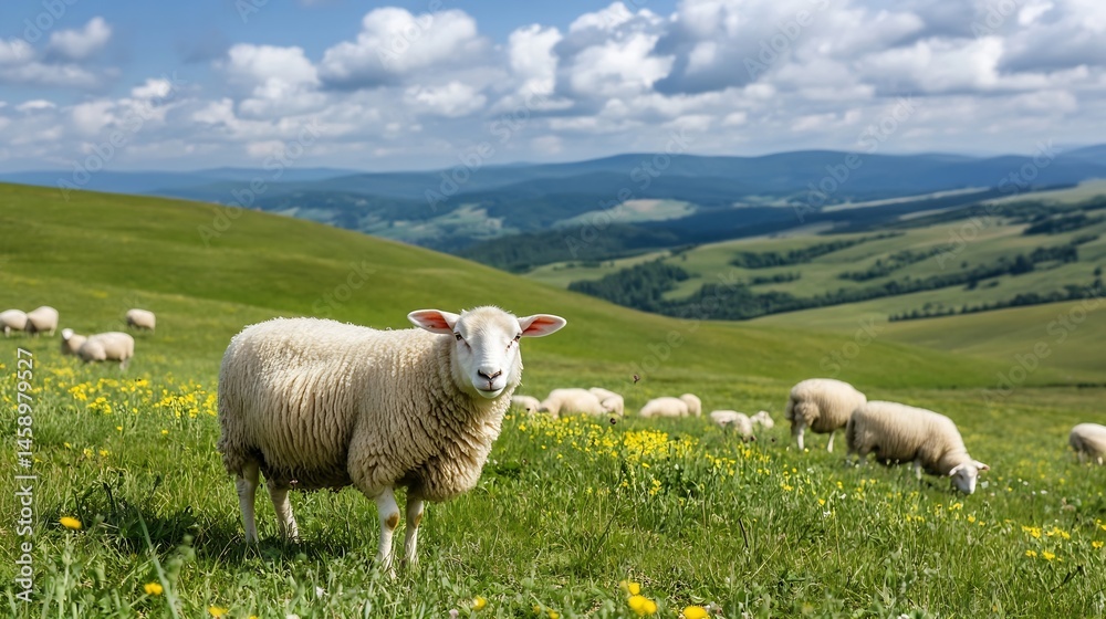 Poster a fluffy sheep stands in a vibrant green pasture, gazing directly at the camera. rolling hills and a