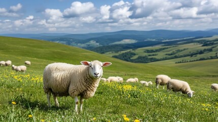 Fototapeta premium A fluffy sheep stands in a vibrant green pasture, gazing directly at the camera. Rolling hills and a partly cloudy sky form a picturesque backdrop to this idyllic rural scene. : Generative AI