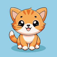 Cute orange kitten sitting happily with big eyes on blue background, cartoon animal