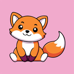 Obraz premium Cartoon orange fox sits cheerfully on pink background with simple line art style