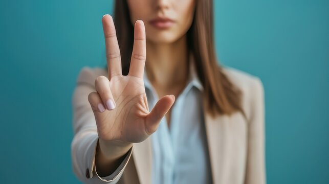 Businesswoman showing three fingers on blue background