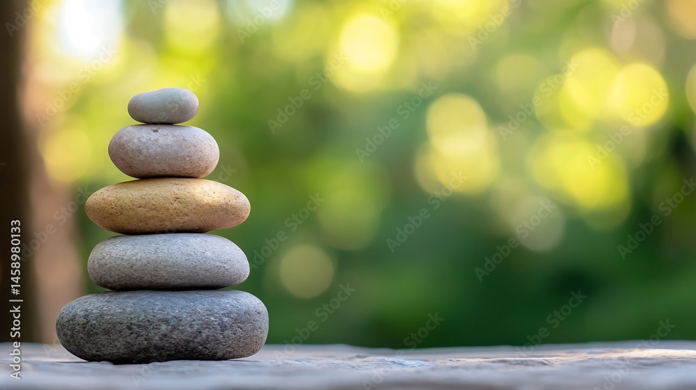Poster serene stack of balanced stones in a peaceful green nature setting, ideal for meditation or spa them
