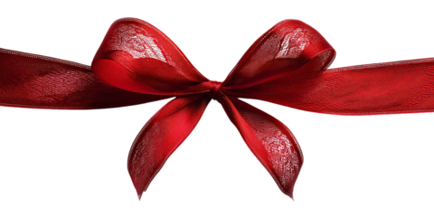 Elegant red ribbon bow on a transparent background, perfect for gift wrapping, holiday decoration, and festive occasions. High-quality PNG format, ideal for creative design projects.