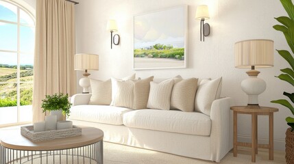 scandi eclectic living room, cream textured sofa with mixed pillows, soft plaster wall, no arches, light warm rug, beige linen curtains, ambient wall sconces