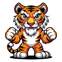 Ferocious tiger cartoon character stands defiantly with its fists clenched, displaying a strong presence