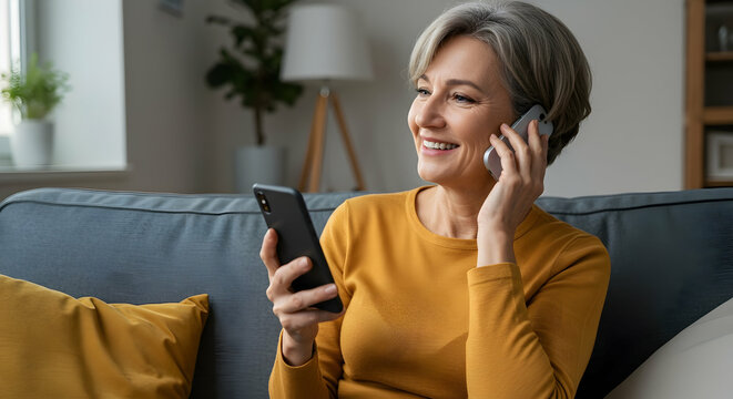 Smiling senior woman using smartphone and talking on mobile phone at home sitting on sofa enjoying conversation
