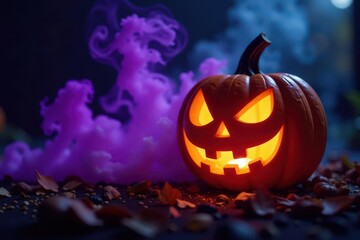 Obraz premium Glowing Jack-o'-lantern watches a purple-smoked cauldron boil , dark, spirit, supernatural