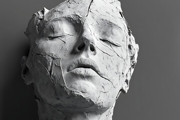 Close up of a cracked white sculpture of a face with closed eyes on a gray background studio shot