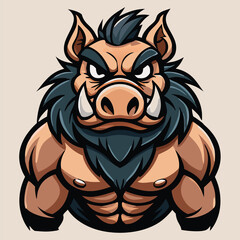 Cartoon boar with massive musculature glares menacingly, boasting its formidable build and sharp tusks