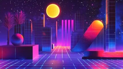 A Memphis aesthetic digital artwork with neon accents, geometric figures, and 80s-style typography --ar 16:9 --v 6.1 Job ID: 755b7056-7972-45b2-883c-68b52b99cae9