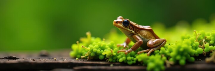 Fototapeta premium Small brown frog sits amongst vibrant green moss on weathered wood , habitat, still life