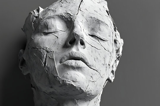 Close up of a cracked white sculpture of a face with closed eyes on a gray background studio shot