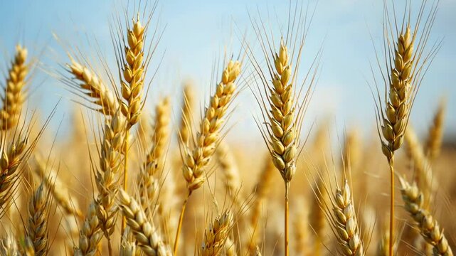 Golden wheat spikes sway gently in the summer breeze under clear sky Ripe grain field reflects fullness of harvest season and traditional celebration of Lammas and Thanksgiving