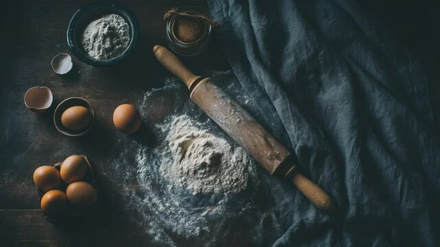 A rustic kitchen scene featuring baking ingredients like flour, eggs, and tools on a wooden table